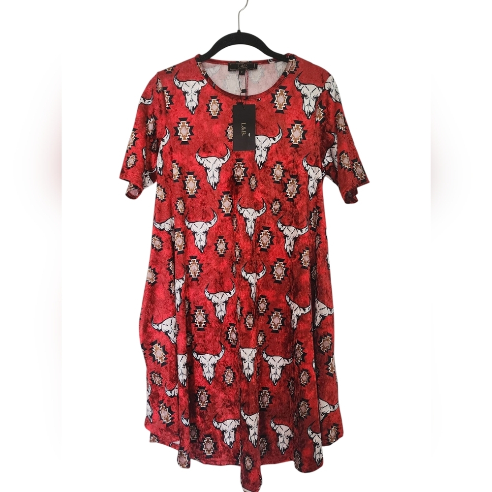LUCKY & BLESSED Red velvet/bull skull tunic dress, mini dress, size S, Western